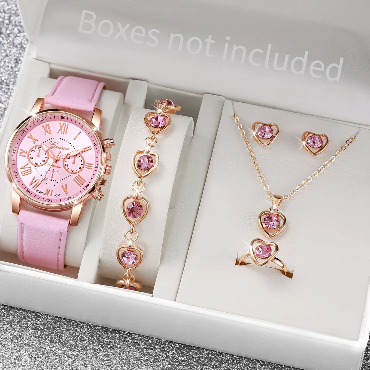 5/6PCS Fashion Women'S Quartz Watch Leather Band Analog Wrist Watches Heart Rhinestone Jewelry Set(Without Box)