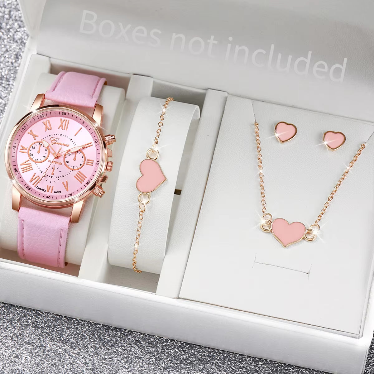 5/6PCS Fashion Women'S Quartz Watch Leather Band Analog Wrist Watches Heart Rhinestone Jewelry Set(Without Box)